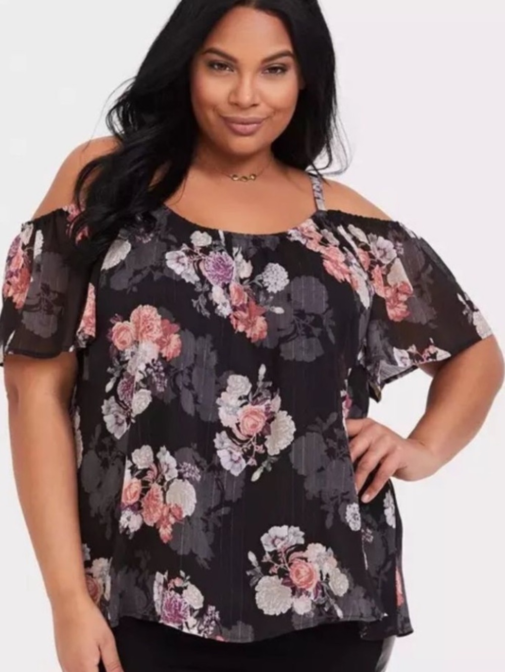 TORRID Black Chiffon Floral Cold Shoulder Top Pink Print SZ: 0X